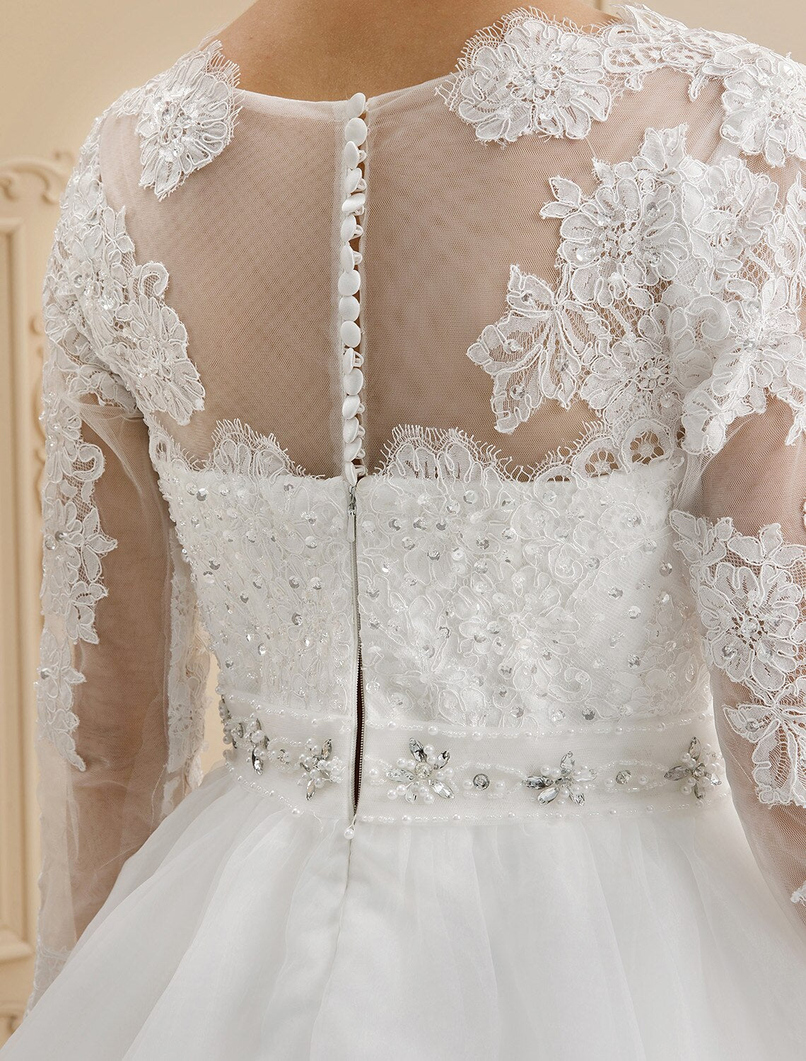 Royal Style Wedding Dresses Ball Gown Queen Anne 3/4 Length Sleeve Chapel Train Lace Bridal Gowns With Sashes / Ribbons Beading