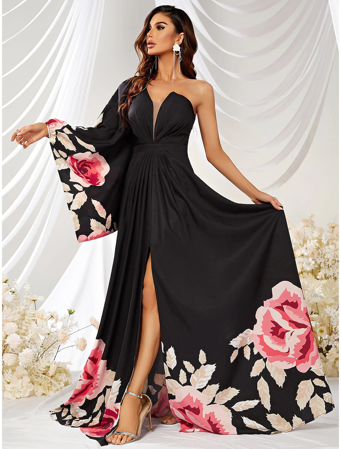 A-Line Wedding Guest Dresses Floral Dress Formal Court Train Long Sleeve One Shoulder Chiffon with Slit Print