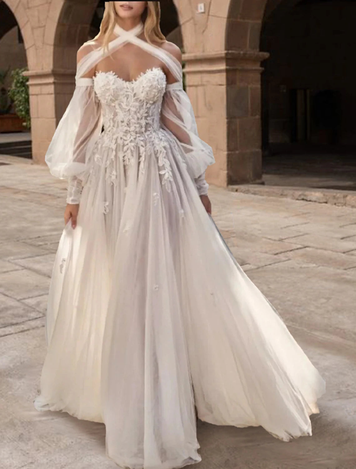 Beach Wedding Dresses A-Line Sweetheart Long Sleeve Sweep / Brush Train Lace Bridal Gowns With Pleats Appliques