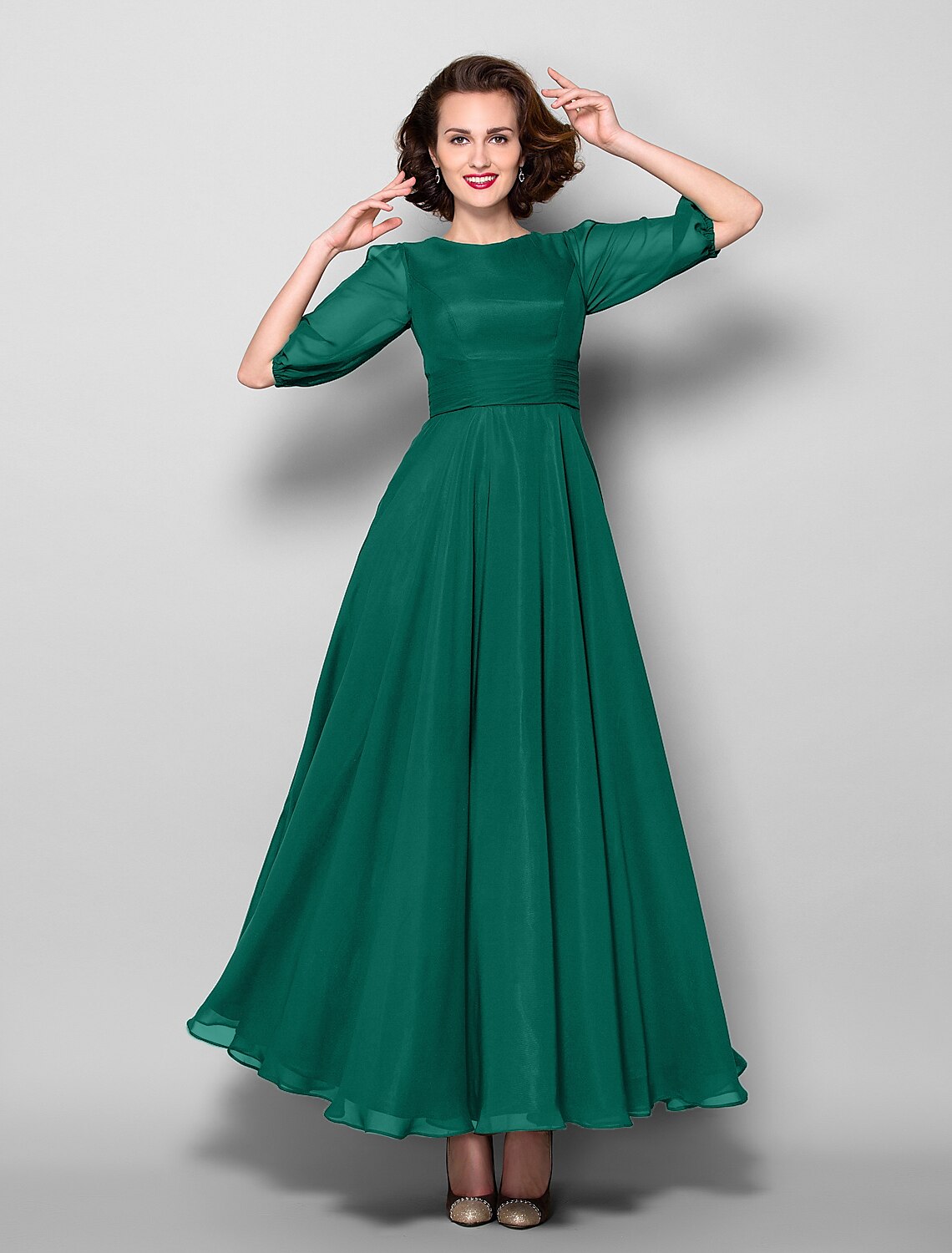 A-Line Mother of the Bride Dress Elegant Jewel Neck Ankle Length Chiffon Half Sleeve with Sash / Ribbon Ruched