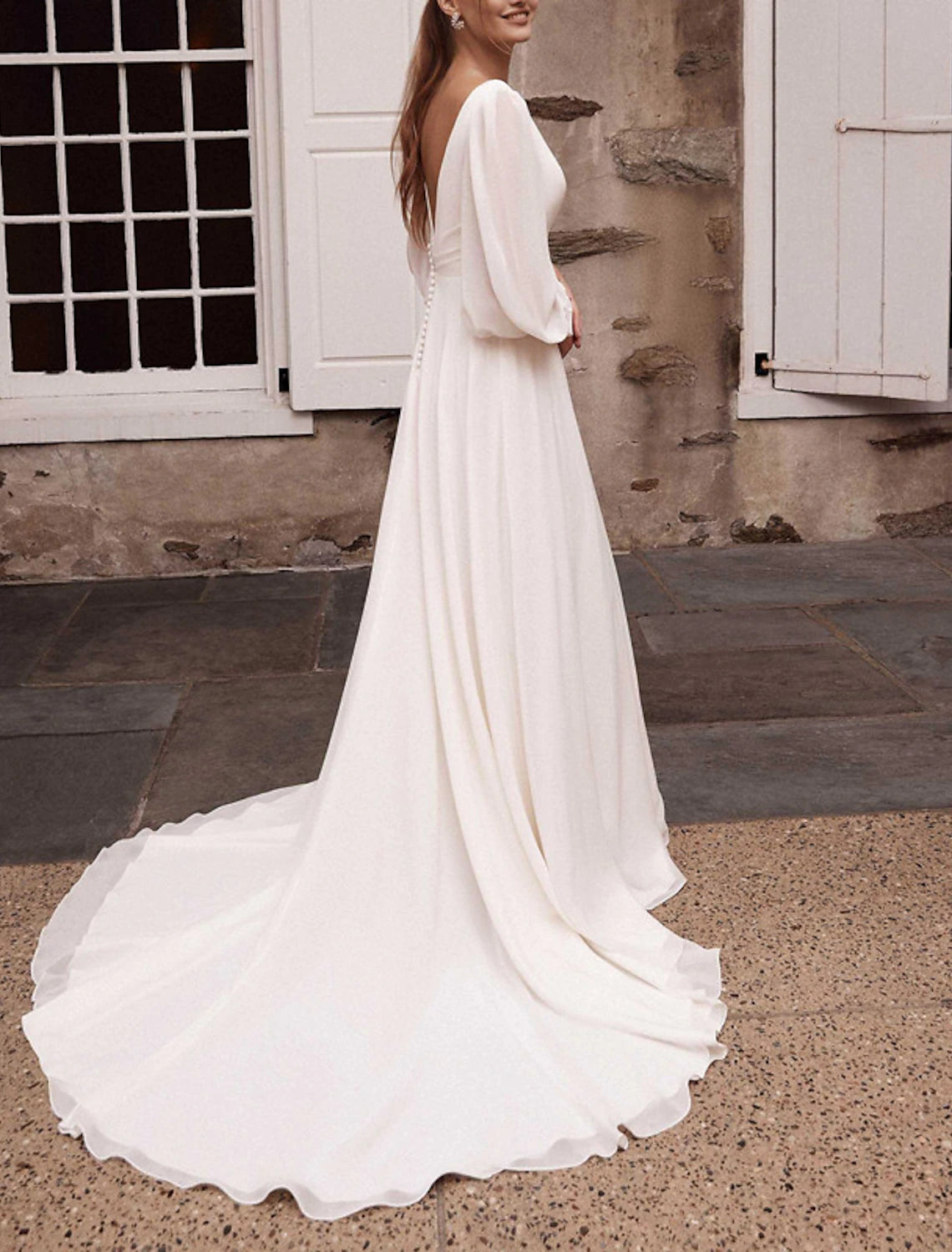 Hall Casual Wedding Dresses A-Line V Neck Long Sleeve Court Train Chiffon Bridal Gowns With Solid Color
