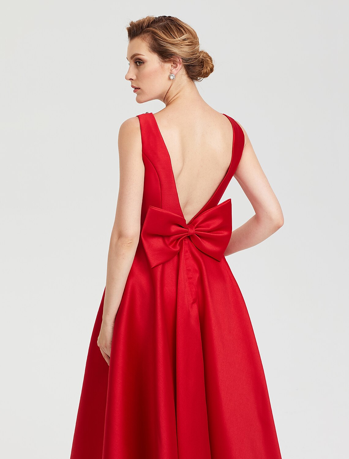 A-Line Elegant Open Back Evening Party Formal Dress Jewel Neck Sleeveless Tea Length Satin with Rhinestone Crystal Sash / Ribbon