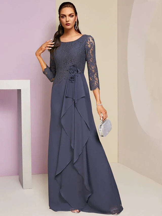DingjiSheath / Column Mother of the Bride Dress Wedding Guest Party Elegant Scoop Neck Floor Length Chiffon Lace 3/4 Length Sleeve with Ruffles Appliques