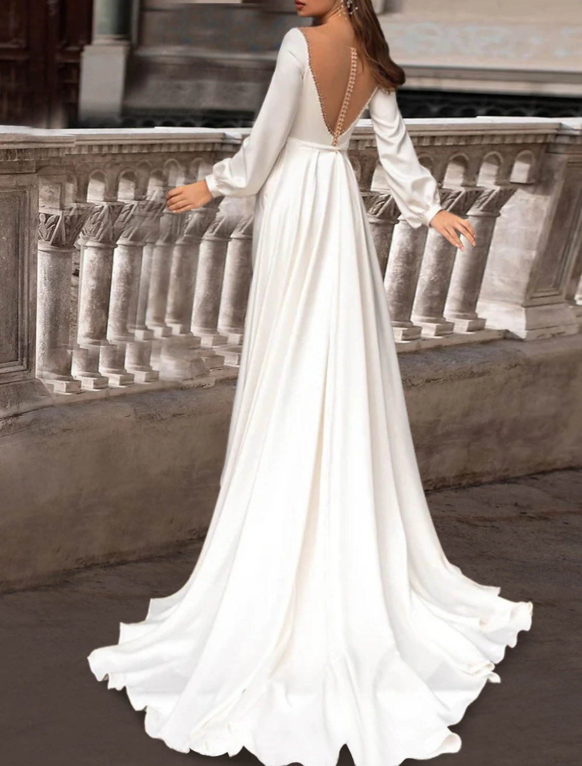 Reception Formal Wedding Dresses Two Piece Illusion Neck Scoop Neck Long Sleeve Sweep / Brush Train Satin Bridal Gowns With Solid Colo