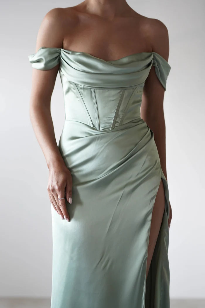 A-Line Off-the-Shoulder Split formal bridesmaid dress