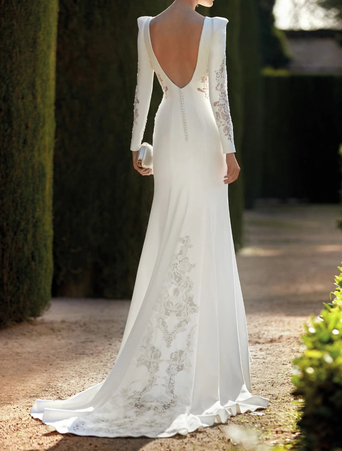 Hall Open Back Royal Style Formal Fall Wedding Dresses Mermaid / Trumpet Scoop Neck Long Sleeve Sweep / Brush Train Stretch Fabric Bridal Gowns With Solid Color Summer Party Women‘s Clothing