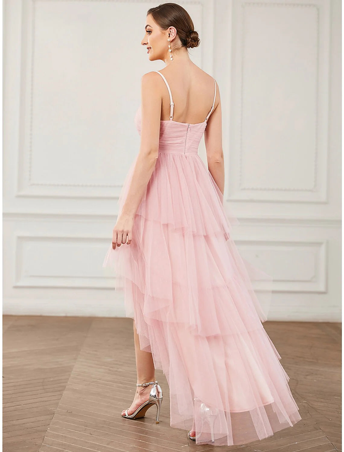 DingjiA-Line Party Dresses Vintage Dress Prom Knee Length Sleeveless Spaghetti Strap Tulle with Ruched