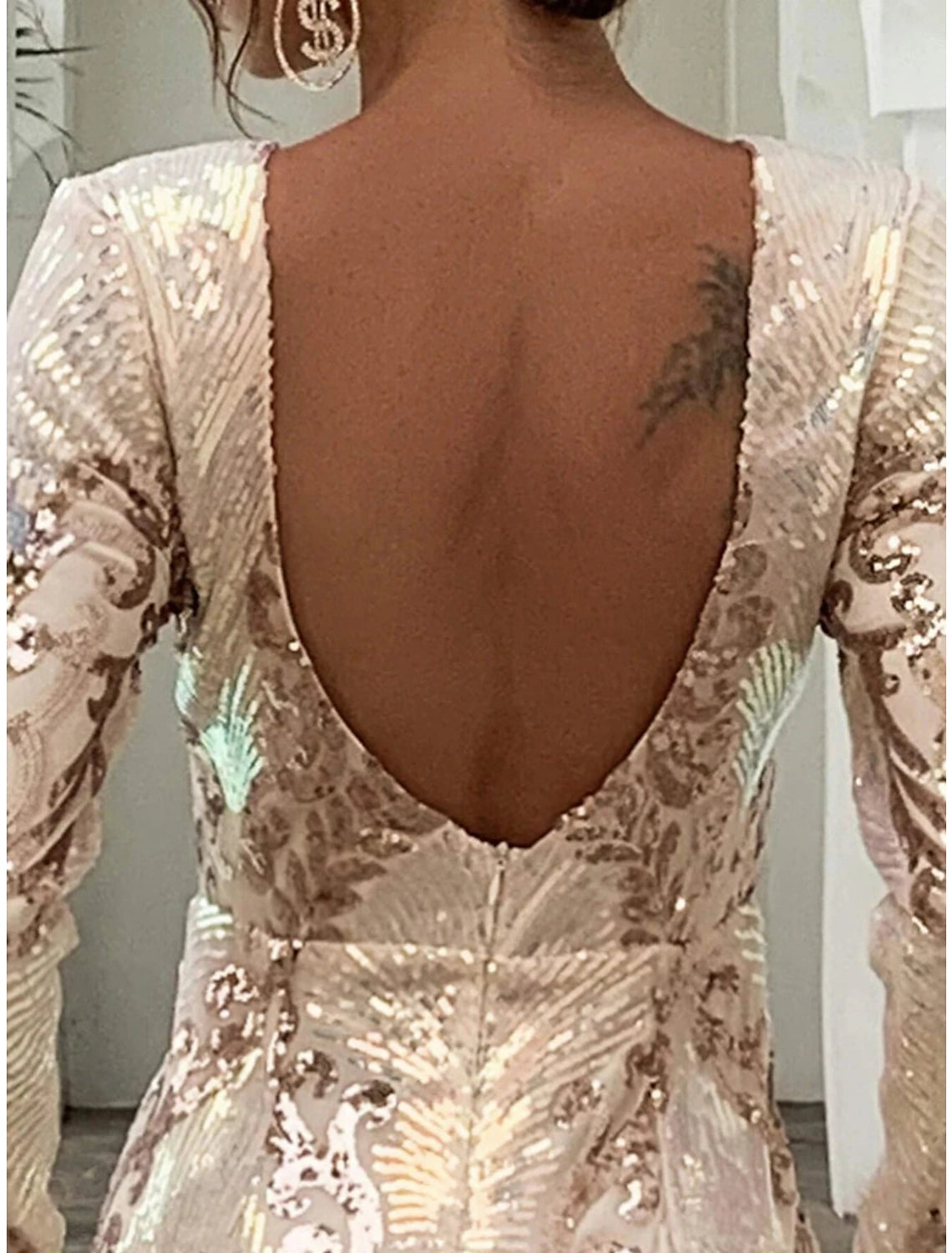 Mermaid / Trumpet Evening Gown Elegant Dress Formal Sweep / Brush Train Long Sleeve Scoop Neck Sequined with Glitter Pleats