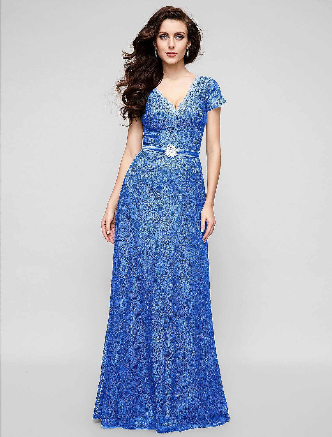 A-Line Elegant Dress Holiday Cocktail Party Floor Length Short Sleeve V Neck All Over Lace with Crystal Brooch