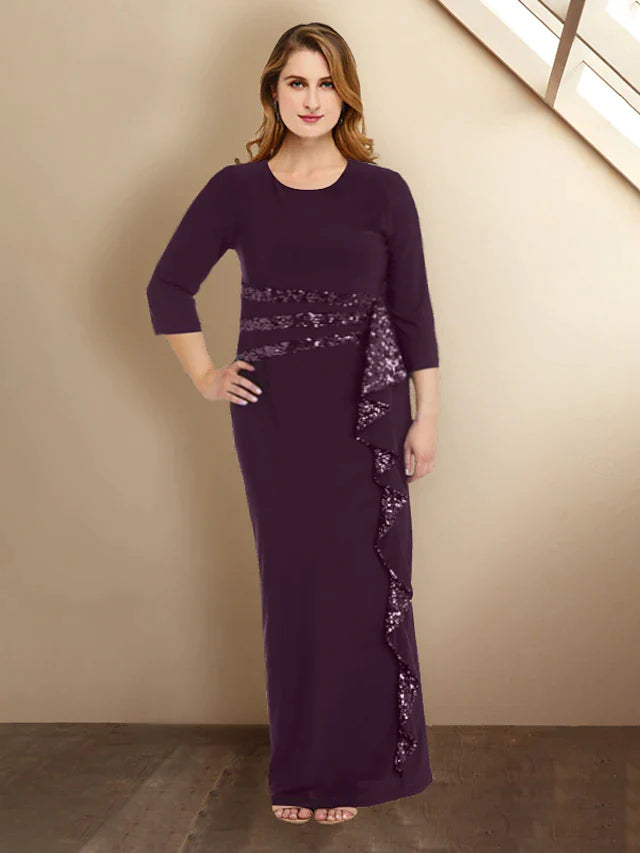Sheath / Column Plus Size Curve Mother of the Bride Dresses Elegant Dress Formal Floor Length 3/4 Length Sleeve Jewel Neck Sequined with Ruffles Splicing Strappy