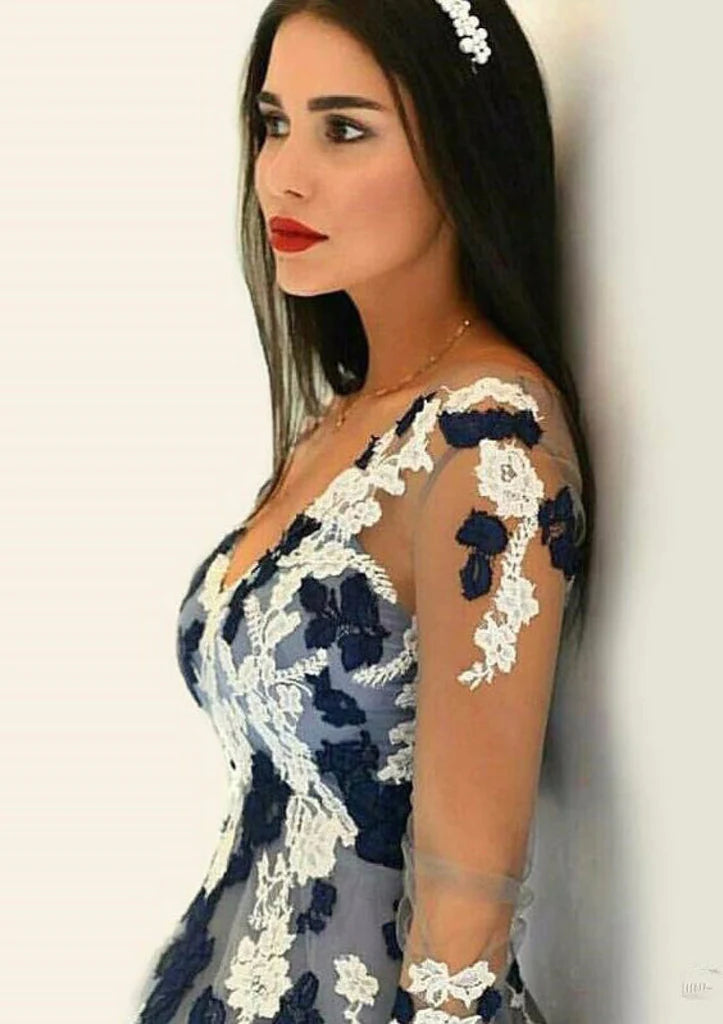 Gray Tulle Floor Length Princess Sheer Long Sleeve V-Neck Prom Dress, Lace