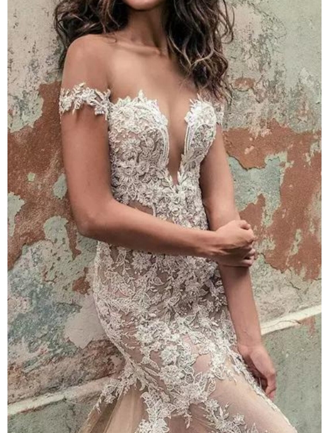 Engagement Formal Wedding Dresses Mermaid / Trumpet Off Shoulder Cap Sleeve Court Train Lace Bridal Gowns With Lace Insert Appliques