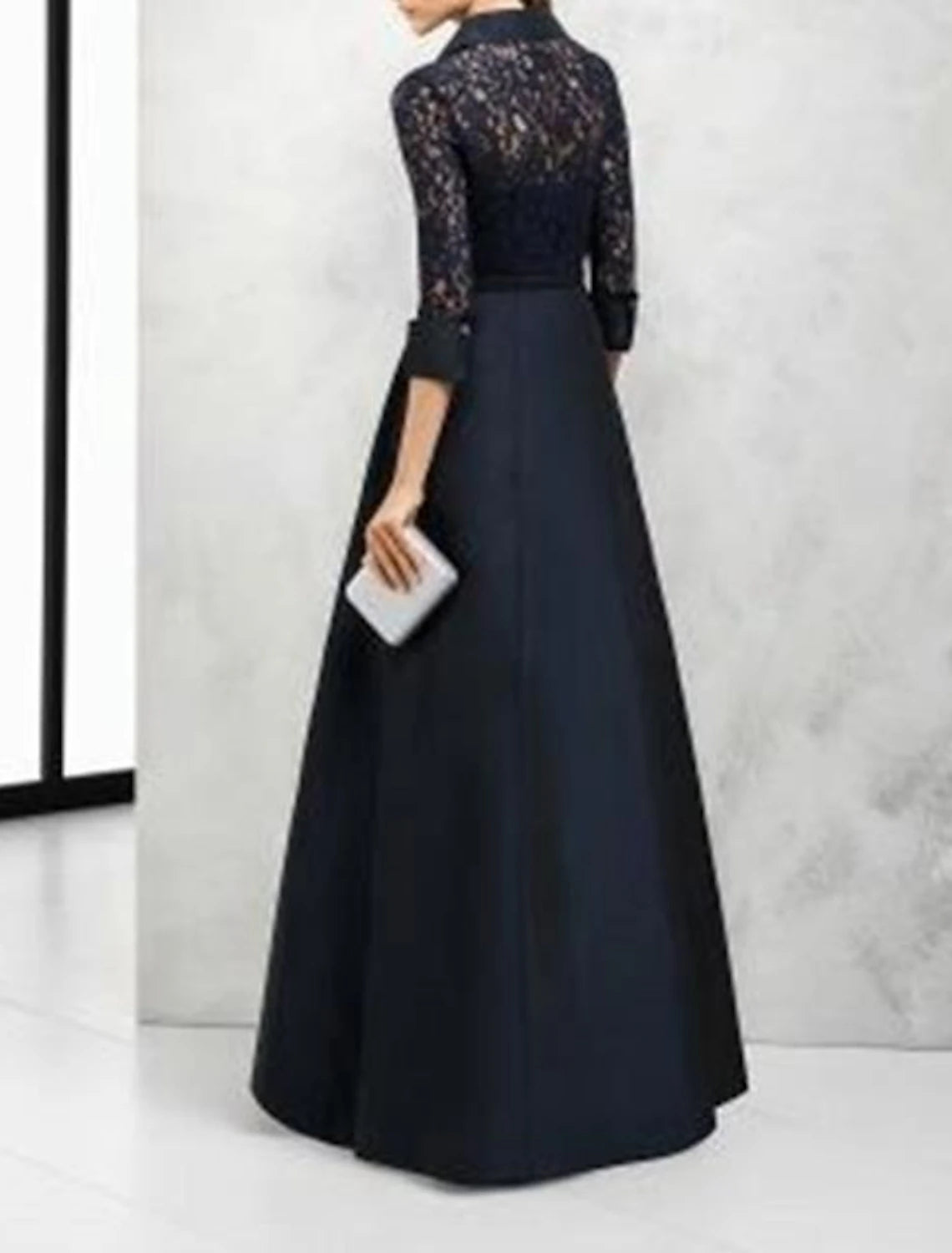 A-Line Mother of the Bride Dress Wedding Guest Elegant Vintage Shirt Collar Floor Length Satin Lace 3/4 Length Sleeve with Sash / Ribbon Split Front