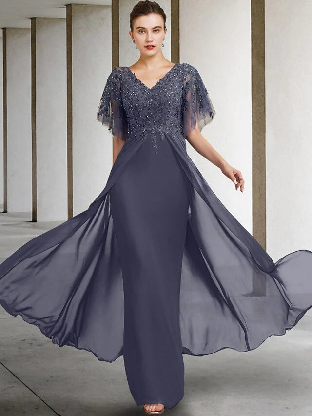 A-Line Plus Size Curve Mother of the Bride Dress Elegant V Neck Floor Length Chiffon Lace Short Sleeve with Beading Sequin Appliques