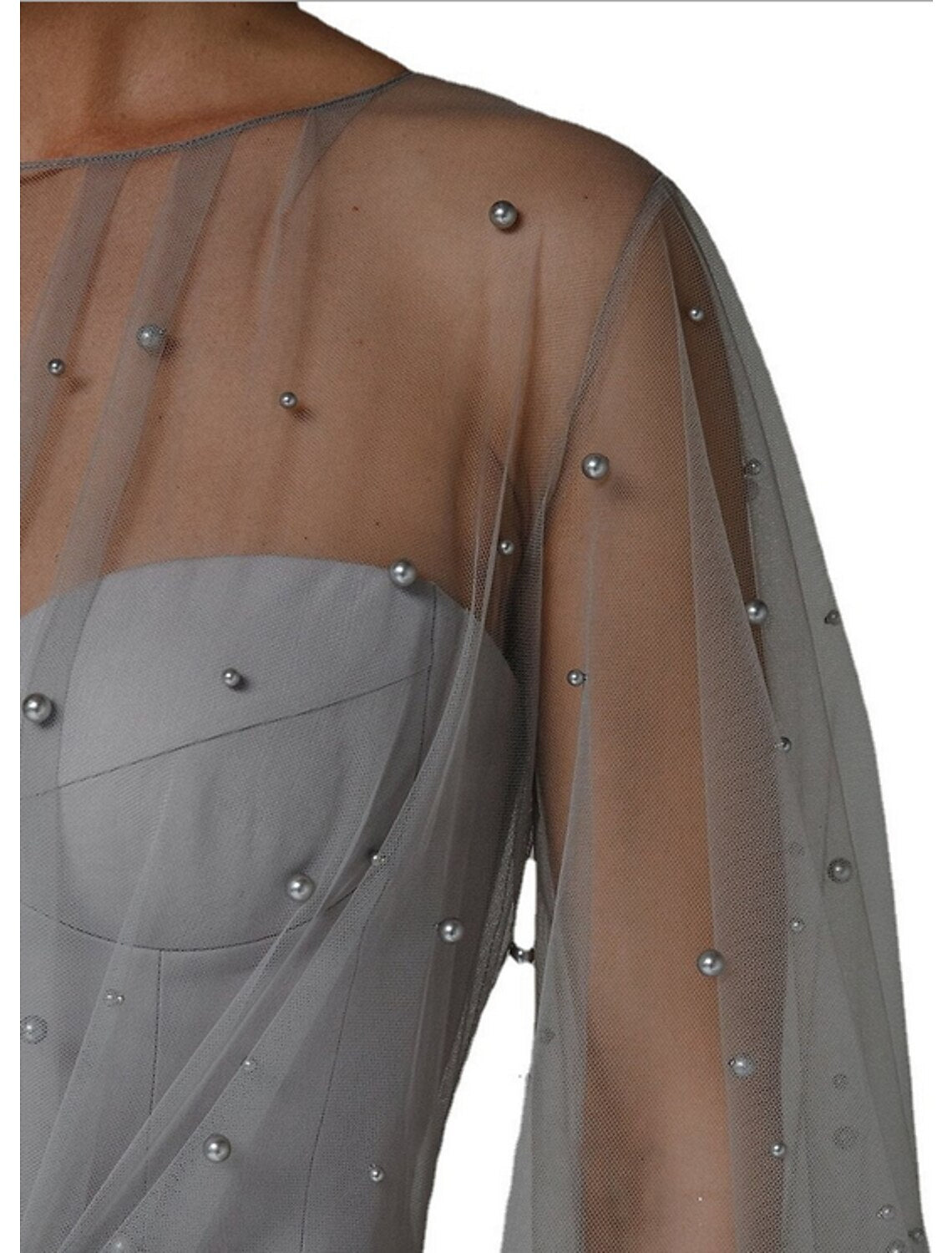 Hall Casual Wedding Dresses Sheath / Column Sweetheart Long Sleeve Floor Length Tulle Bridal Gowns With Pearls Beading