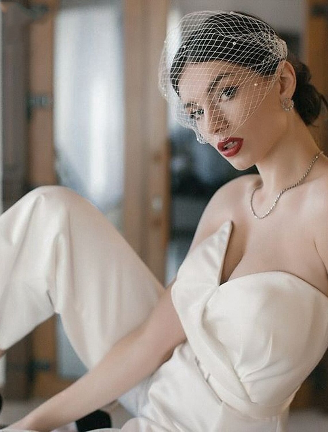 One-tier Pearls / European Style Wedding Veil Blusher Veils / Birdcage Veils with Faux Pearl Tulle