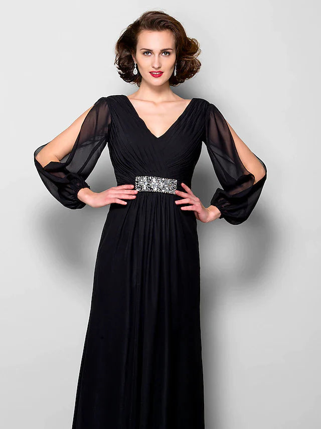 A-Line Mother of the Bride Dress Open Back V Neck Floor Length Chiffon Long Sleeve with Criss Cross