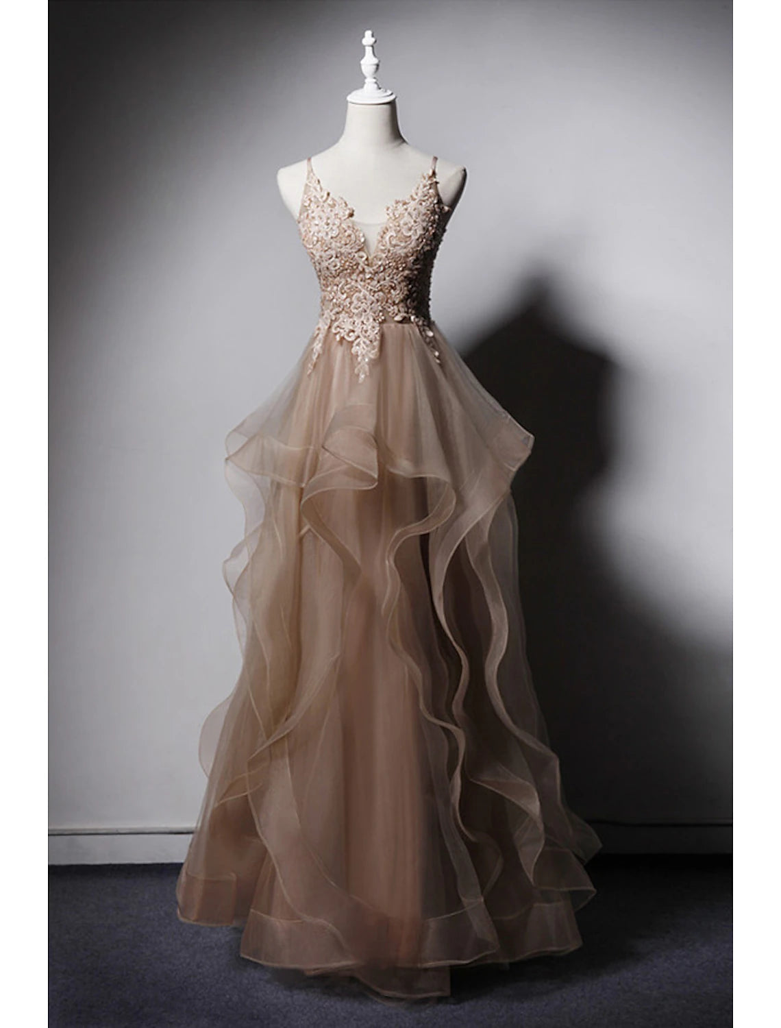 A-Line Prom Dresses Sexy Dress Formal Floor Length Sleeveless Spaghetti Strap Lace with Ruffles Appliques