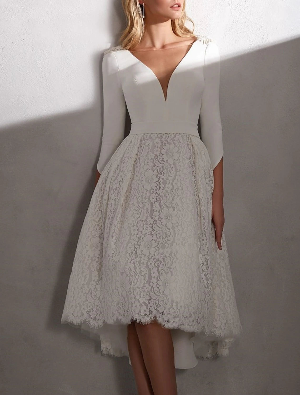 Reception Fall Wedding Dresses Little White Dresses A-Line V Neck 3/4 Length Sleeve Asymmetrical Lace Bridal Gowns With Appliques Solid Color Summer Wedding Party , Women's Clothing