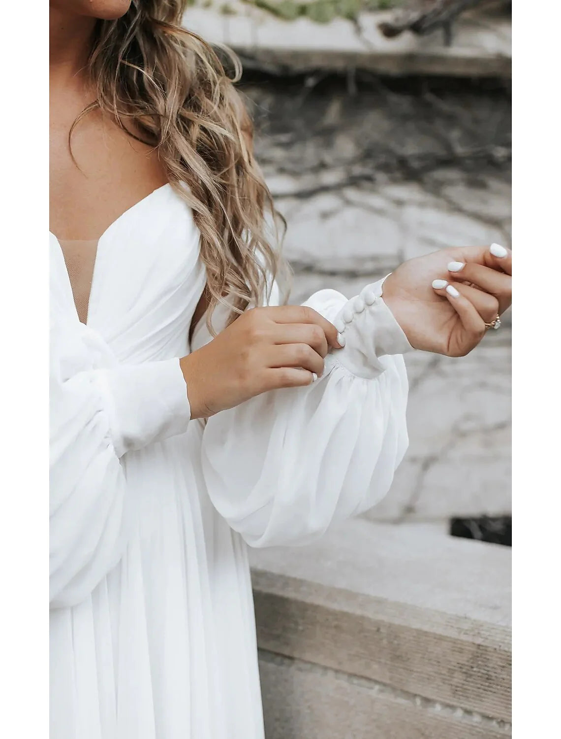 DingjiBeach Wedding Dresses A-Line Off Shoulder Long Sleeve Chapel Train Chiffon Bridal Gowns With Split Front Solid Color