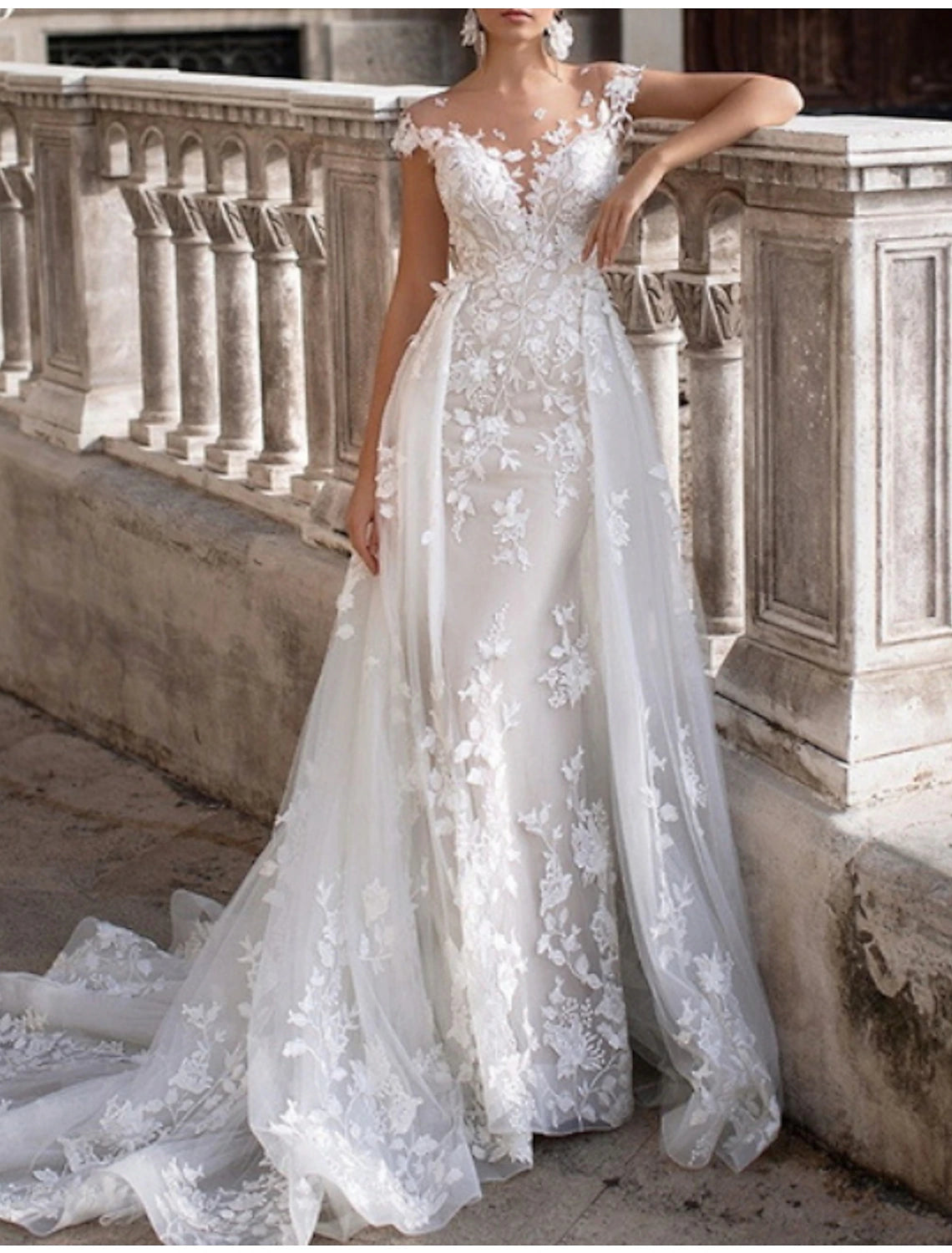 Engagement Formal Fall Wedding Dresses A-Line Off Shoulder Cap Sleeve Court Train Lace Bridal Gowns With Appliques Summer Wedding Party, Women‘s Clothing