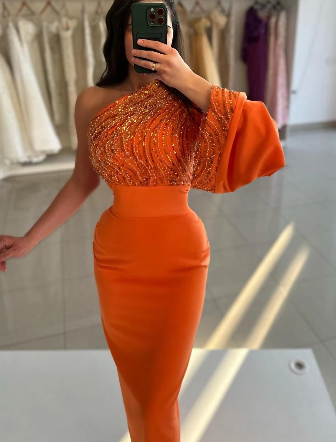 Sheath / Column Evening Gown Elegant Dress Formal Prom Floor Length Long Sleeve One Shoulder Satin with Crystals Sequin