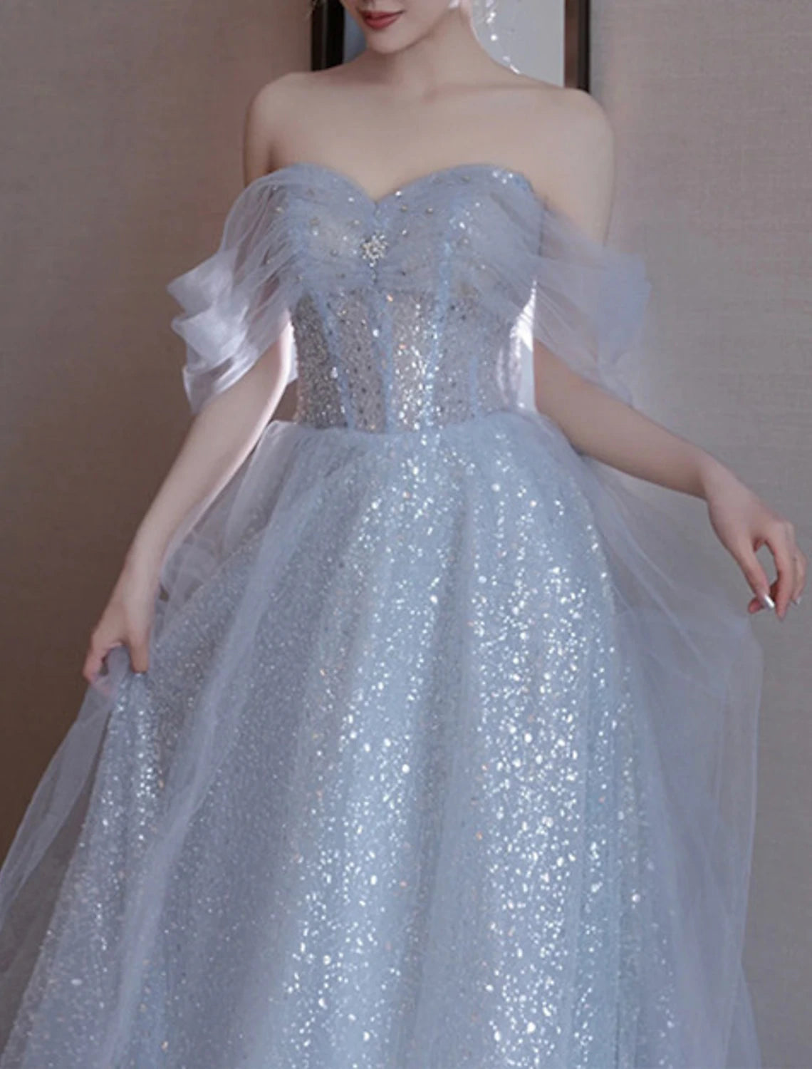 A-Line Party Dresses Elegant Dress Wedding Guest Prom Floor Length Sleeveless Off Shoulder Sequined with Sequin