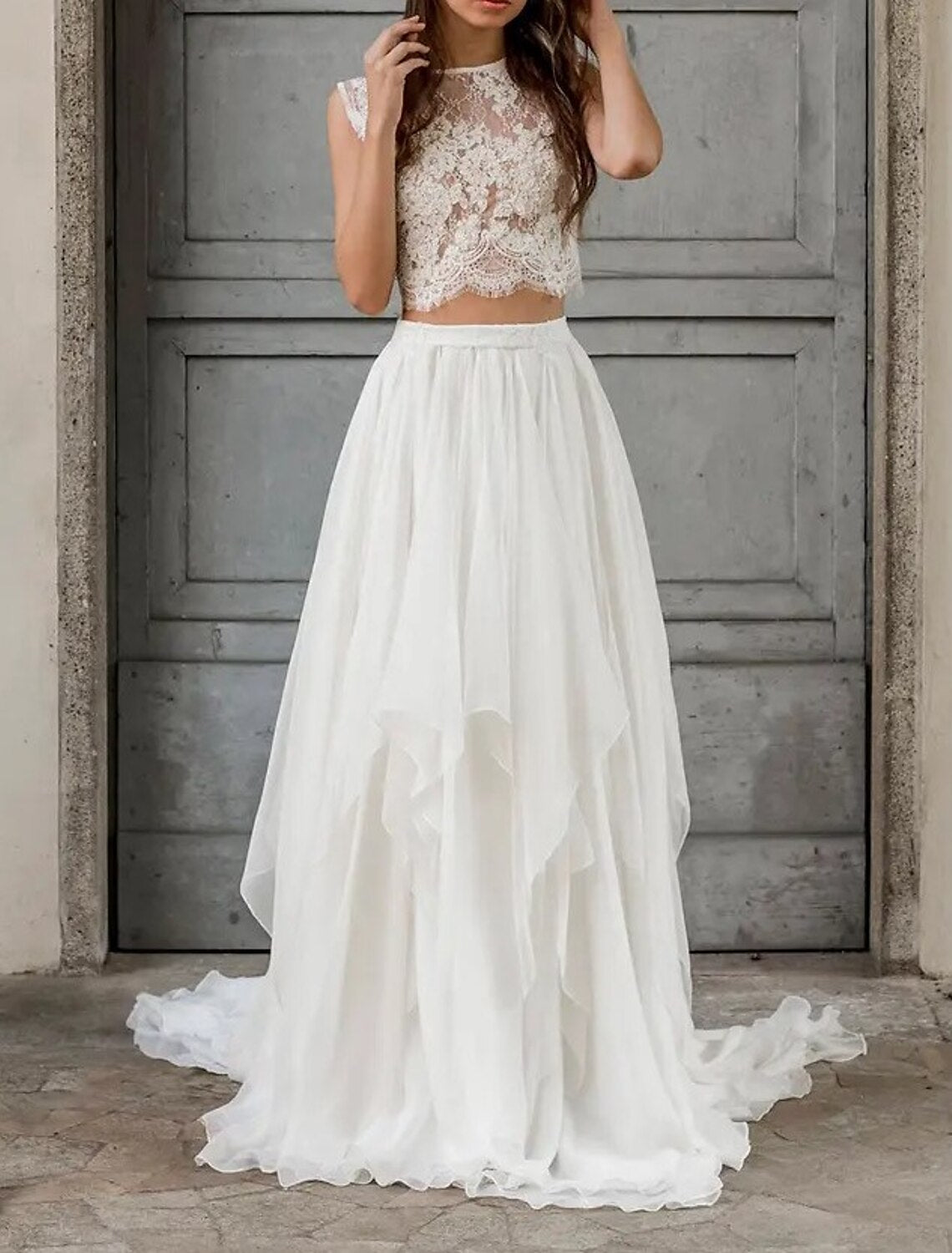 Boho Wedding Dresses Two Piece Scoop Neck Sleeveless Court Train Chiffon Bridal Suits Bridal Gowns With Appliques Solid Color Summer Fall Wedding Party , Women's Clothing