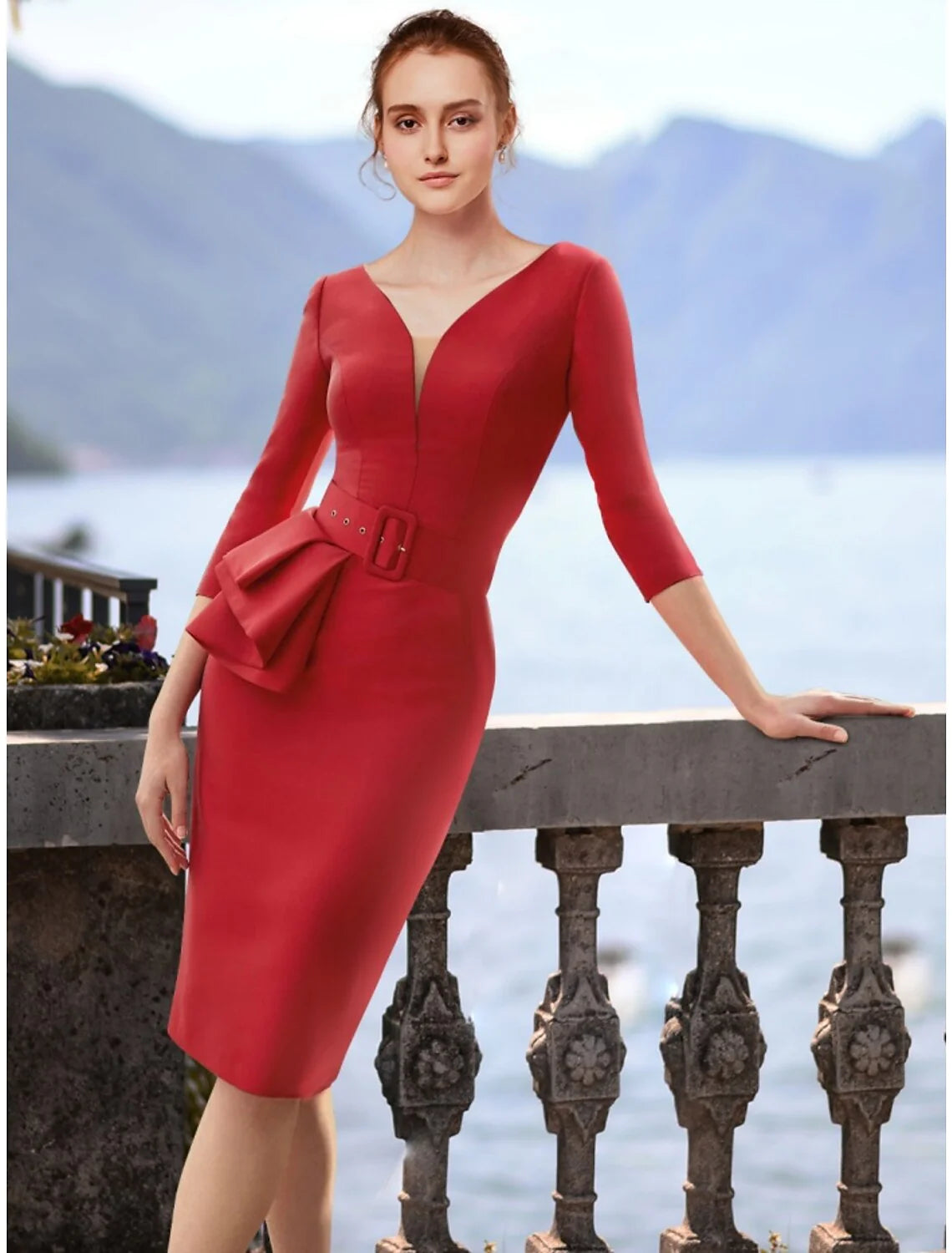 DingjiSheath / Column Cocktail Dresses Elegant Dress Cocktail Party Knee Length Christmas Red Green Dress 3/4 Length Sleeve V Neck Polyester with Ruffles Slit