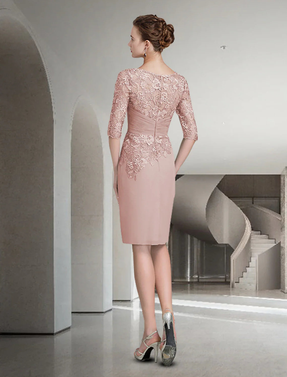 DingjiTwo Piece Sheath / Column Mother of the Bride Dress Fall Wedding Guest Church Plus Size Elegant Jewel Neck Knee Length Chiffon Lace Half Sleeve Wrap Included Jacket Dresses with Ruched Appliques