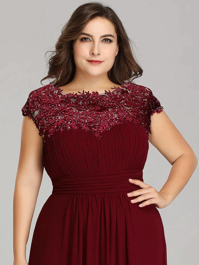 A-Line Mother of the Bride Dress Plus Size Jewel Neck Floor Length Chiffon Short Sleeve with Lace Ruching