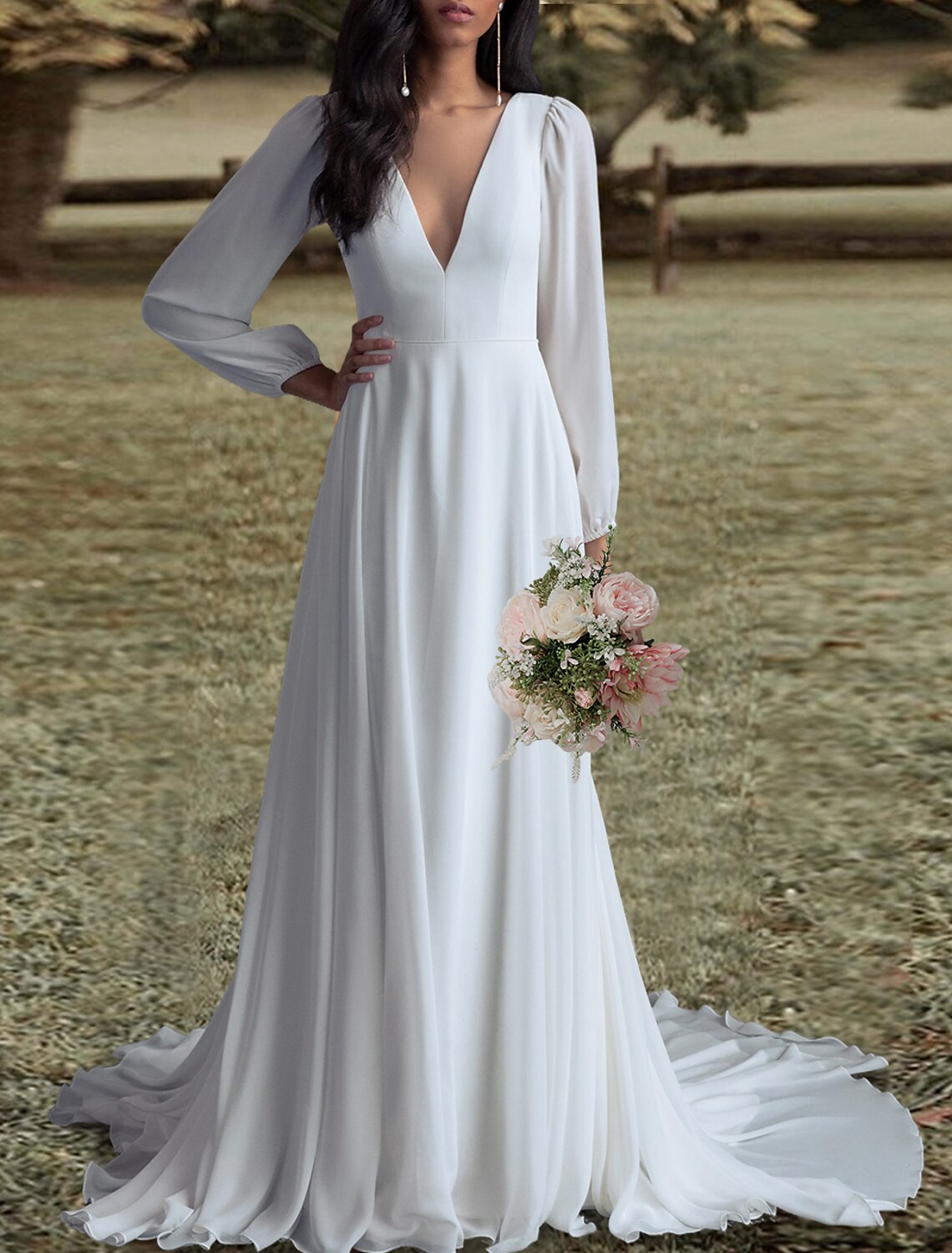 Open Back Wedding Dresses A-Line V Neck Long Sleeve Sweep / Brush Train Chiffon Bridal Gowns With Pleats