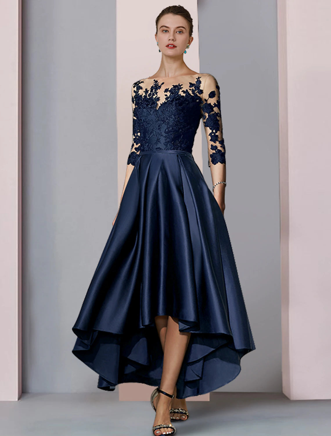 A-Line Mother of the Bride Dress Fall Wedding Guest Elegant High Low Scoop Neck Asymmetrical Tea Length Satin Lace 3/4 Length Sleeve with Pleats Appliques 2023