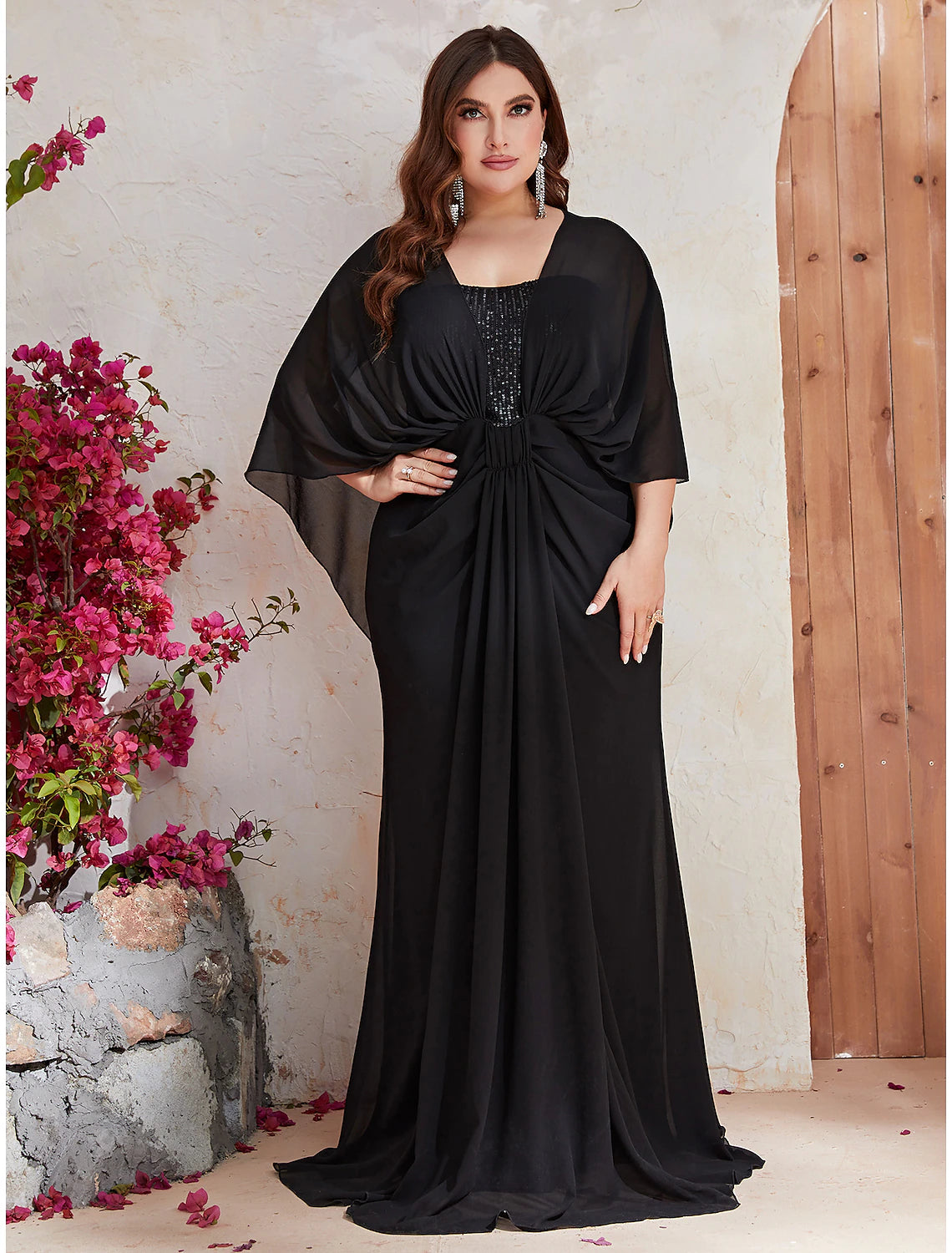 Mermaid / Trumpet Wedding Guest Dresses Plus Size Dress Formal Sweep / Brush Train Long Sleeve V Neck Polyester with Sequin Shawl