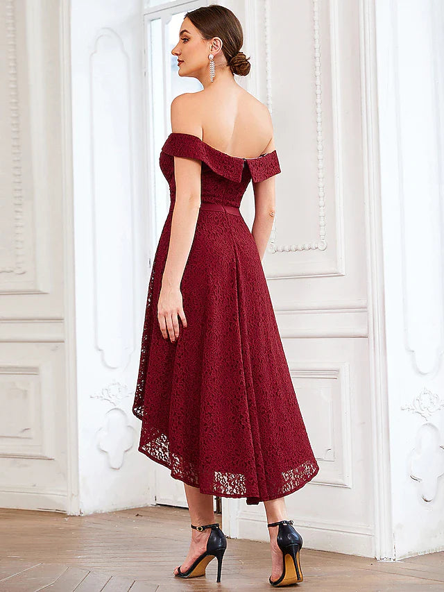 A-Line Homecoming Dresses Vintage Dress Homecoming Asymmetrical Sleeveless Off Shoulder Lace with Pleats Pure Color