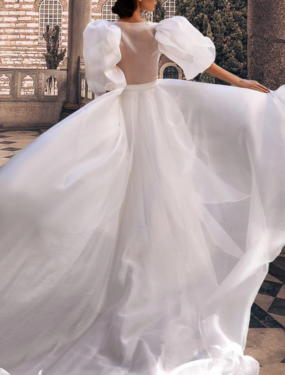 Open Back Glitter & Sparkle Wedding Dresses Two Piece Illusion Neck Scoop Neck Long Sleeve Floor Length Organza Bridal Suits Bridal Gowns With Ruched