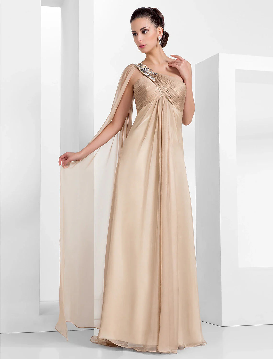 DingjiSheath / Column Elegant Formal Evening Black Tie Gala Dress One Shoulder Sleeveless Floor Length Chiffon with Criss Cross Crystals