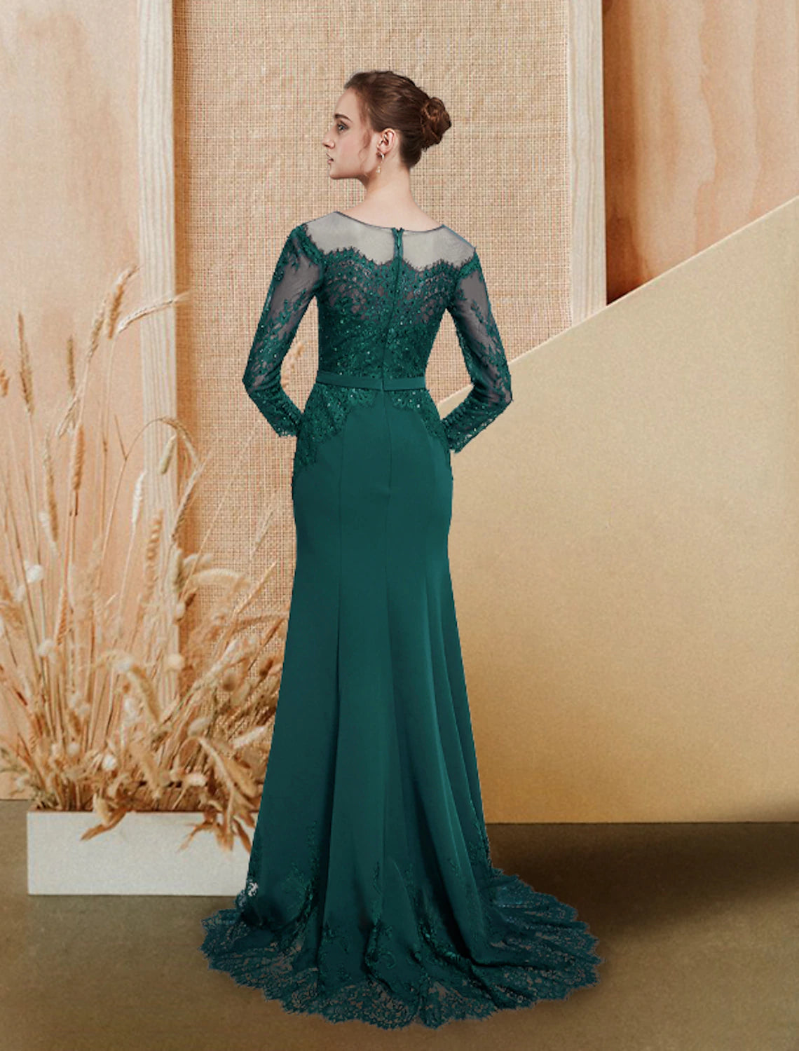 Mermaid / Trumpet Evening Gown Luxurious Dress Wedding Guest Engagement Sweep / Brush Train Long Sleeve Jewel Neck Chiffon with Bow(s) Sequin Appliques