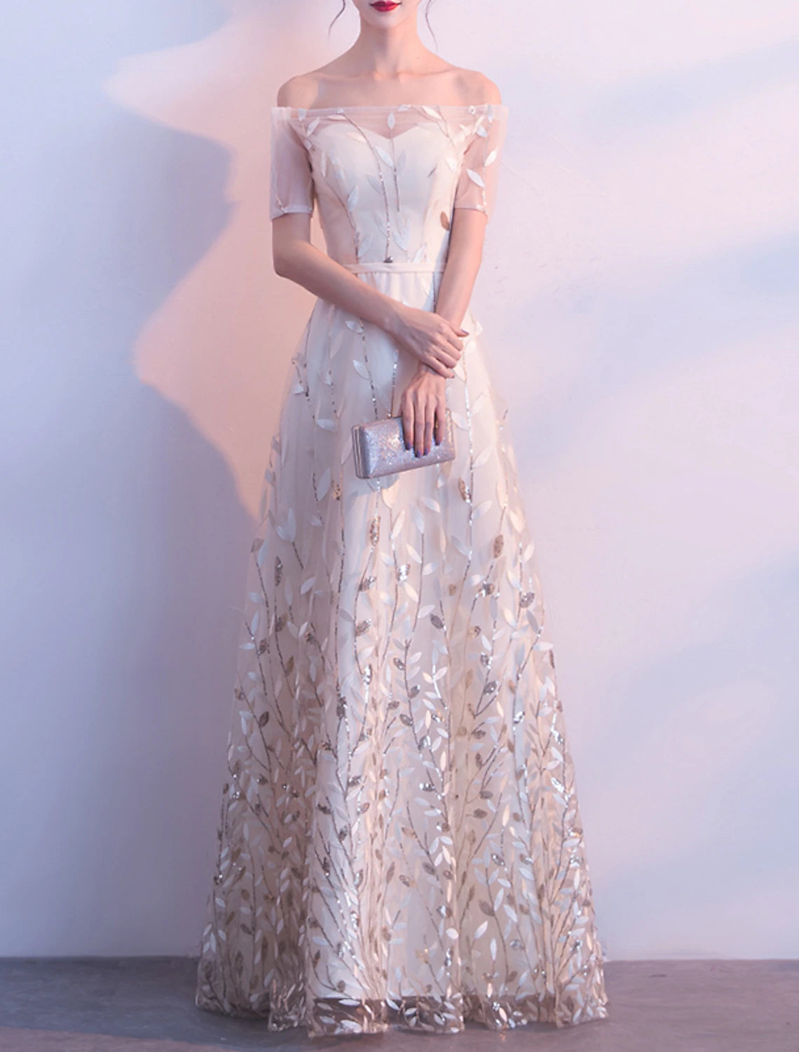 A-Line Prom Dresses Floral Dress Wedding Guest Prom Floor Length Short Sleeve Off Shoulder Tulle with Sash / Ribbon Embroidery