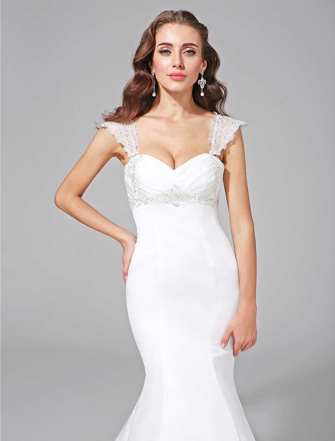 Wedding Dresses Mermaid / Trumpet Sweetheart Cap Sleeve Court Train Satin Bridal Gowns With Beading Criss-Cross