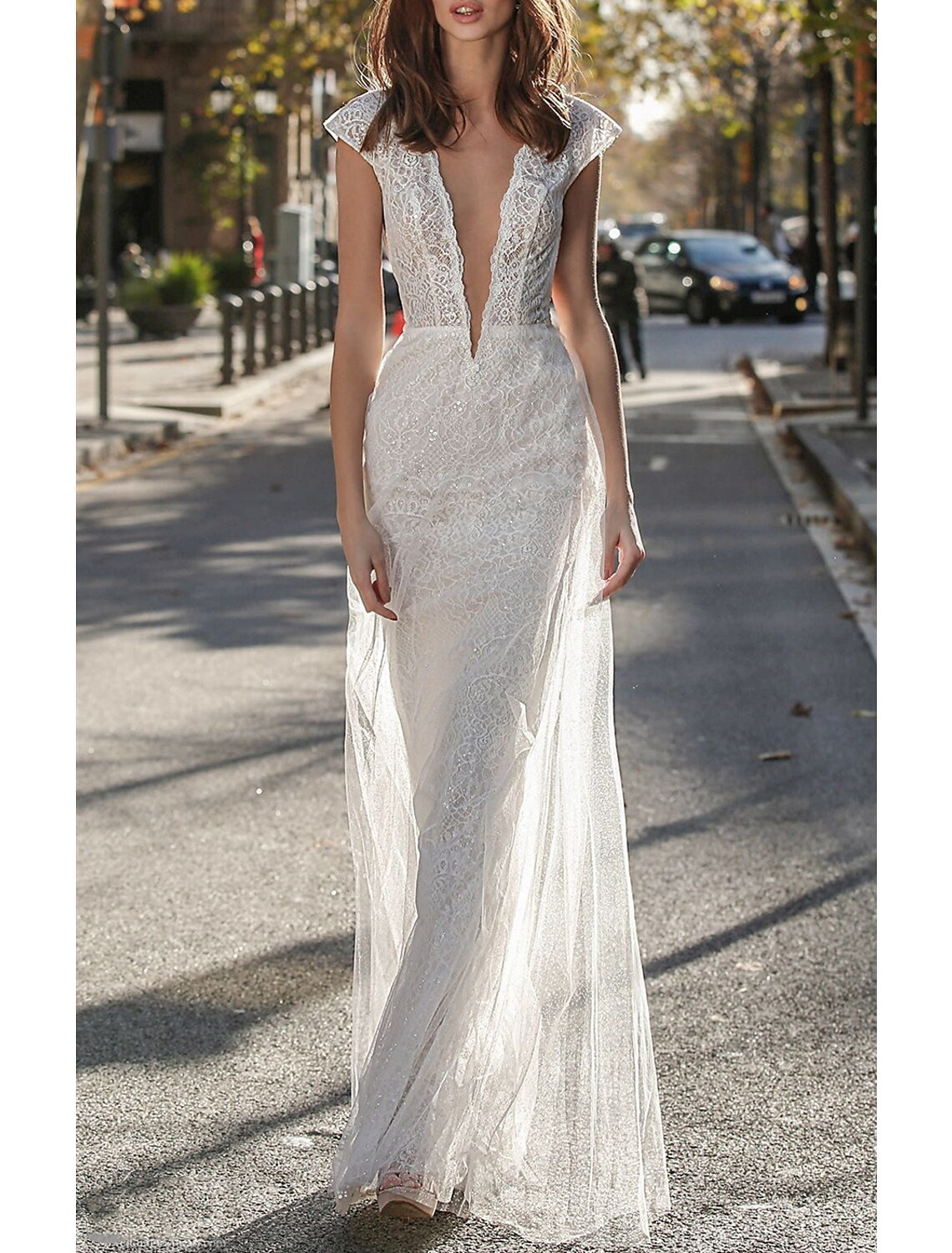 Engagement Open Back Formal Wedding Dresses Sheath / Column V Neck Cap Sleeve Floor Length Lace Bridal Gowns With Appliques Solid Color