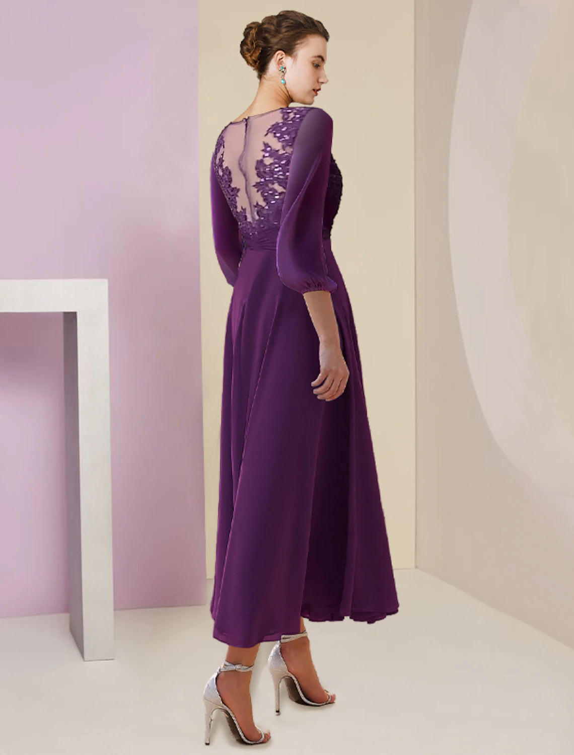 A-Line Mother of the Bride Dress Formal Wedding Guest Elegant Scoop Neck Tea Length Chiffon Lace 3/4 Length Sleeve with Beading Sequin Appliques 2023