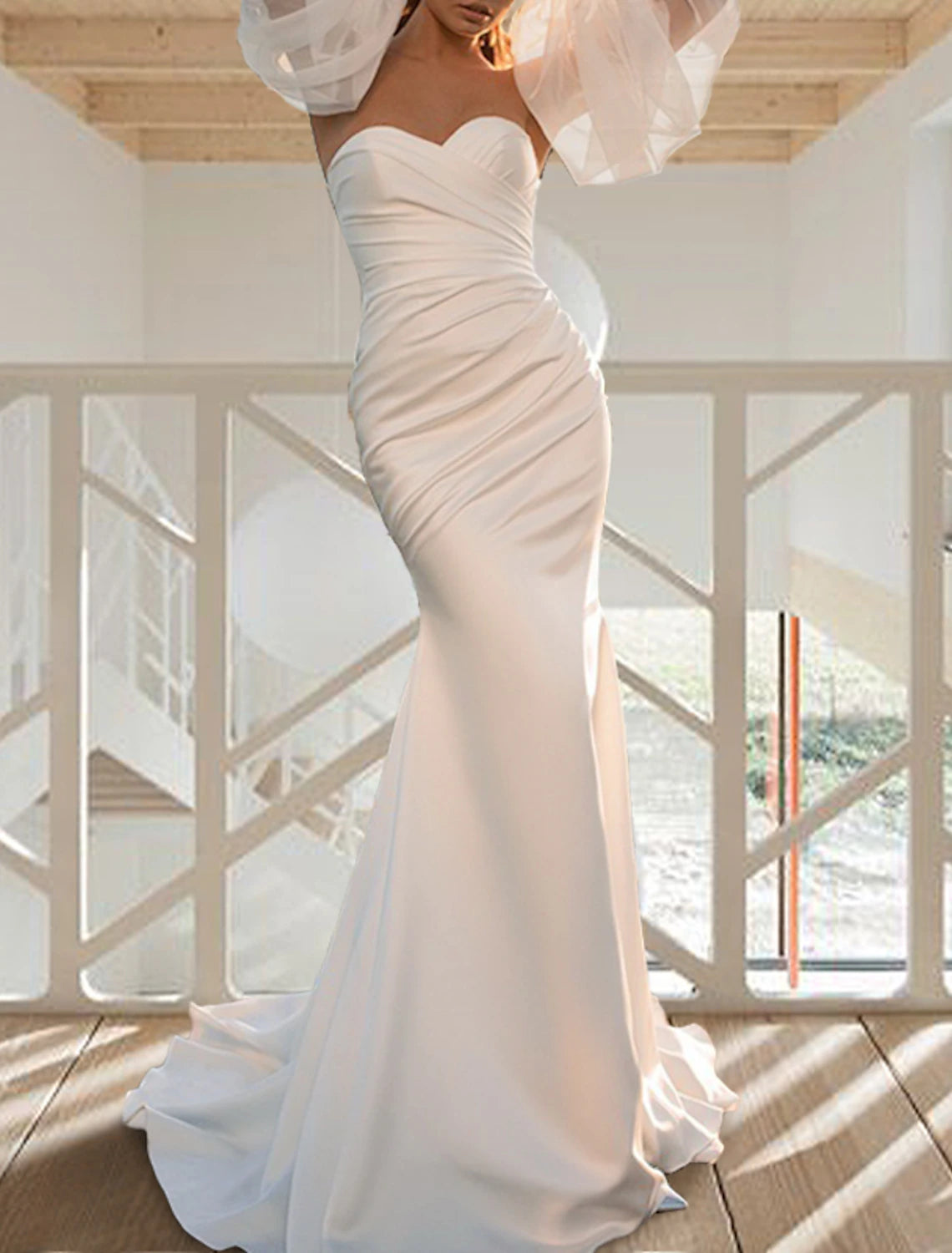 Reception Casual Wedding Dresses Mermaid / Trumpet Sweetheart Long Sleeve Sweep / Brush Train Satin Bridal Gowns With Ruched