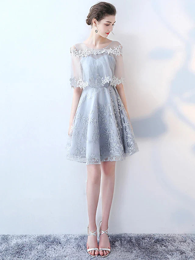 DingjiA-Line Minimalist Elegant Party Wear Cocktail Party Dress Jewel Neck Half Sleeve Short / Mini Tulle with Lace Insert Pattern / Print