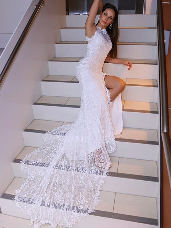 Trumpet/Mermaid Lace Sleeveless Halter Sweep/Brush Train Wedding Dresses