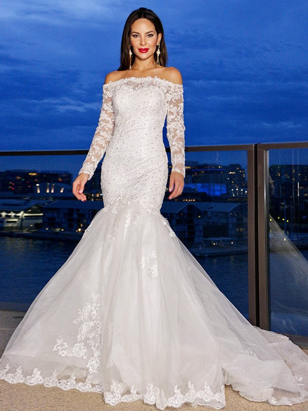 Trumpet/Mermaid Lace Tulle Long Sleeves Off-the-Shoulder Sweep/Brush Train Wedding Dresses