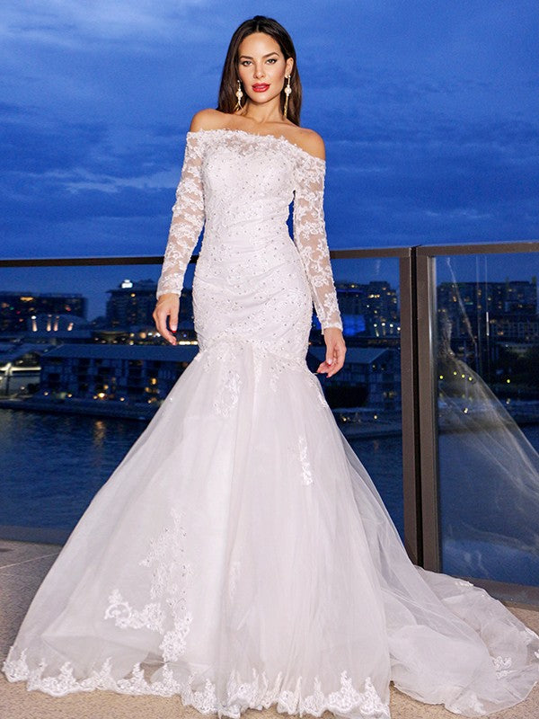 Trumpet/Mermaid Lace Tulle Long Sleeves Off-the-Shoulder Sweep/Brush Train Wedding Dresses