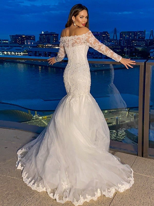 Trumpet/Mermaid Lace Tulle Long Sleeves Off-the-Shoulder Sweep/Brush Train Wedding Dresses