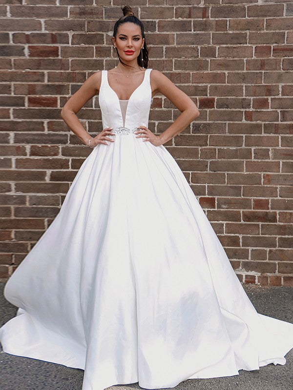 A-Line/Princess Satin V-neck Beading Sleeveless Court Train Wedding Dresses