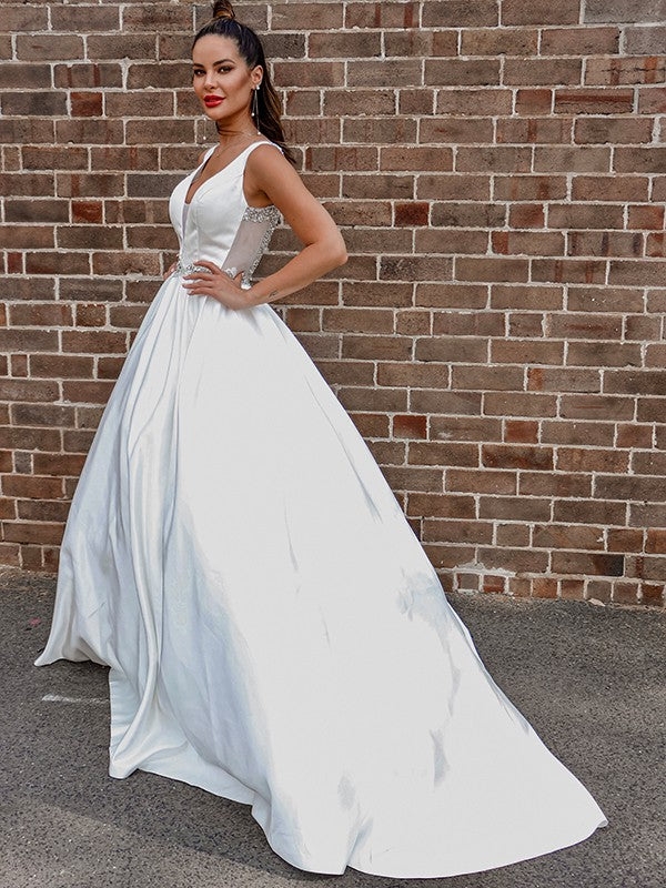 A-Line/Princess Satin V-neck Beading Sleeveless Court Train Wedding Dresses